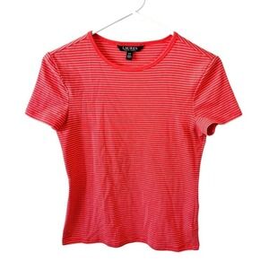 Lauren Ralph‎ Lauren Black Label Striped Top Size Small Coral/White Stripes Tee